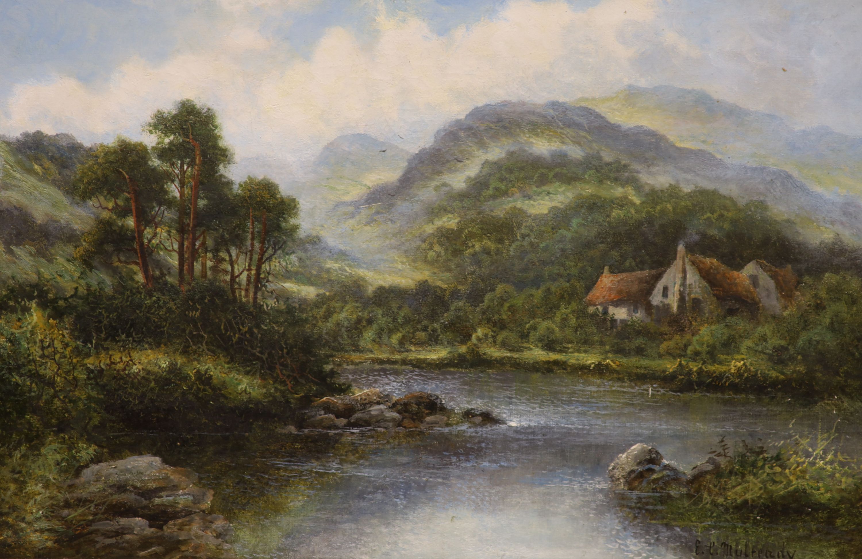 E C Mulready (19th century), a pair of Welsh (north Wales) landscape studies, 'Betys-y-Coed, N-Wales', with a cottage beside a river, and 'Capel Curig N-Wales', with Longhorn Cattle, signed lower right, oil on canvas, 40